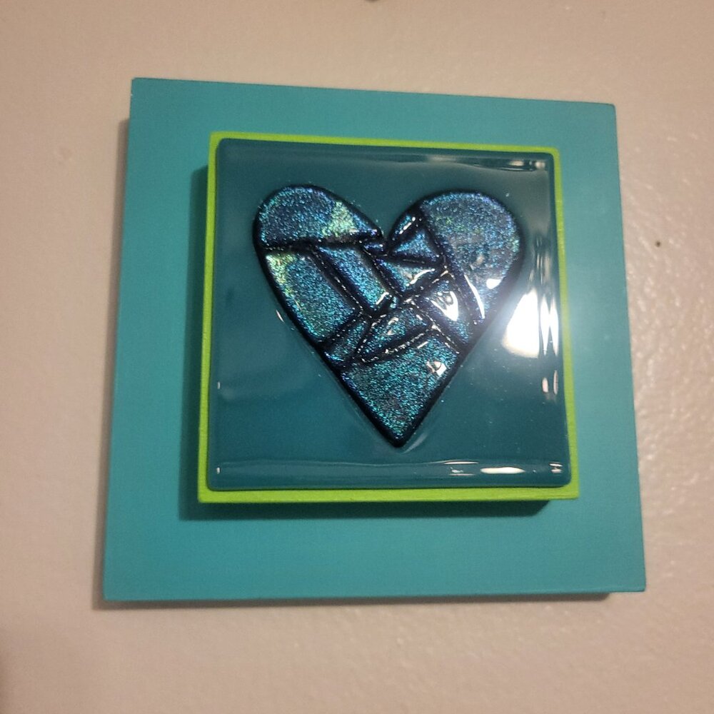 Fused Dichroic Heart Art Glass Wall Art by Gary Levin Blue Green Shimmer 6 x 6"